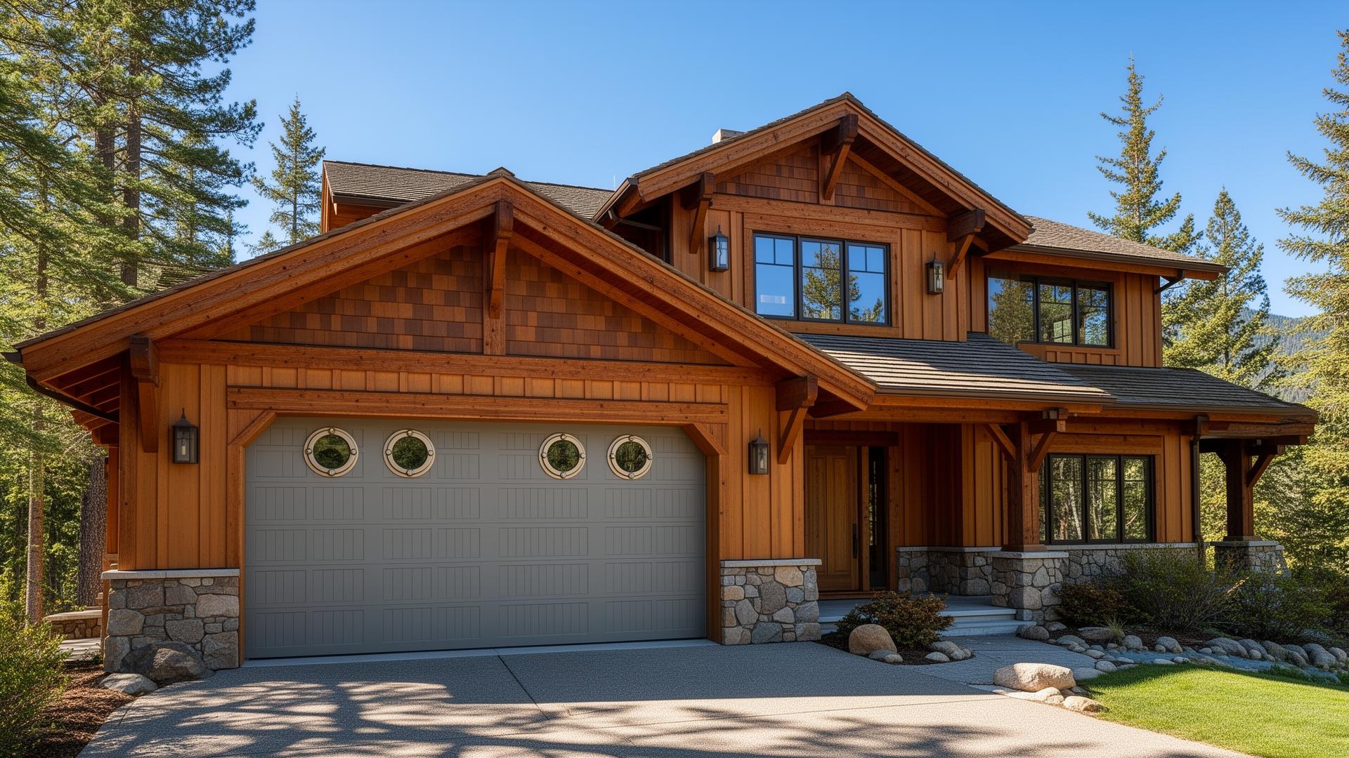 Luxury mountain lodge home with coastal style garage door featuring porthole windows